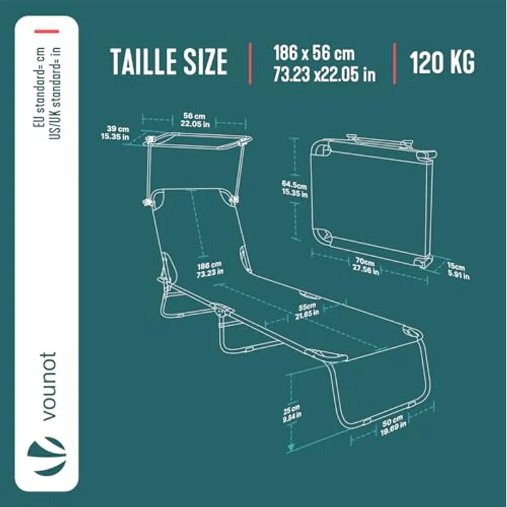 VOUNOT® Sonnenliege Klappbar, Gartenliege mit Dach und 4-Fach Verstellbarer Rückenlehne, Leichte Strandliege für Garten, Terrasse, Camping, Pool & Strand, Grau – Bild 3