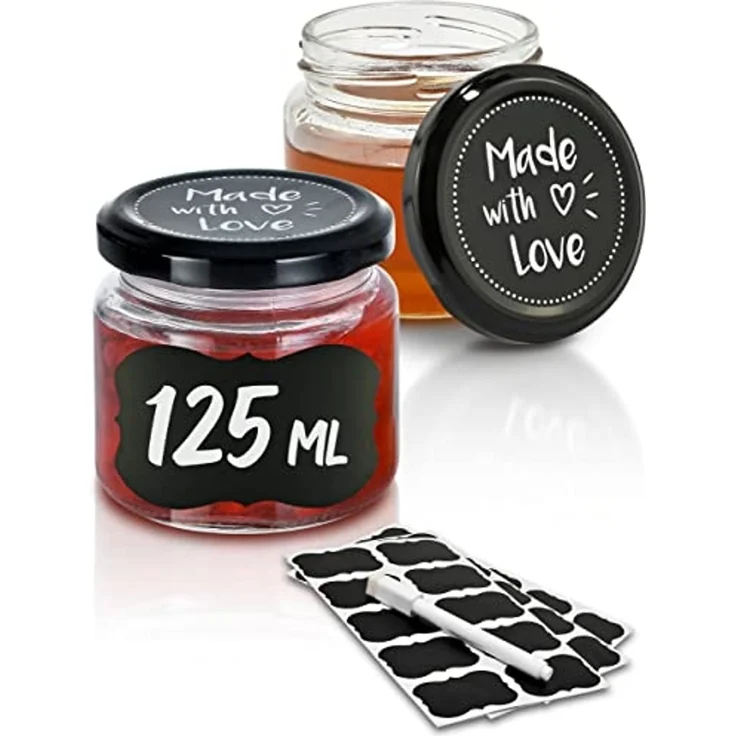 Praknu Einmachglas 25 Marmeladengläser Klein 125ml - Mit Etiketten & Stift - Luftdicht, Glas, (Set, 25-tlg), mit Deckel und Etiketten - Luftdichte Einmachgläser zum verschenken – Bild 1