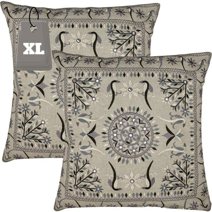 Marrakesch Orient & Mediterran Interior Zierkissen 2er Set Boho Kissenbezug Lodge orientalisch aus Baumwolle, Grau 50 cm, (2 St)