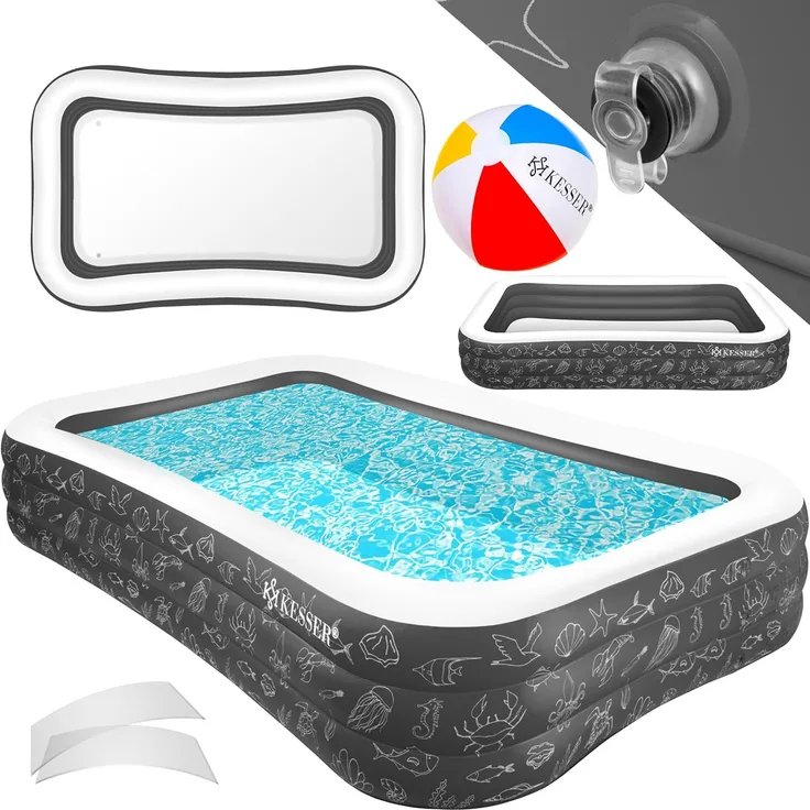 KESSER® Aufblasbarer Pool Familienpool für Kinder und Erwachsene Gartenschwimmbad Familienschwimmbad Sommer Planschbecken Füllmenge Kinderfreundlich Entwässerungslöcher Anthrazit, 3 Meter