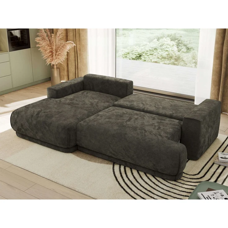 RINA L Design Ecksofa, Schlaffunktion & Stauraum, DL-System, Wellenfedern, Liegefläche 220x155 cm, freistehendes Polstersofa, Schlafcouch - Dunkelgrau Schenille glatt - Links Seite – Bild 4