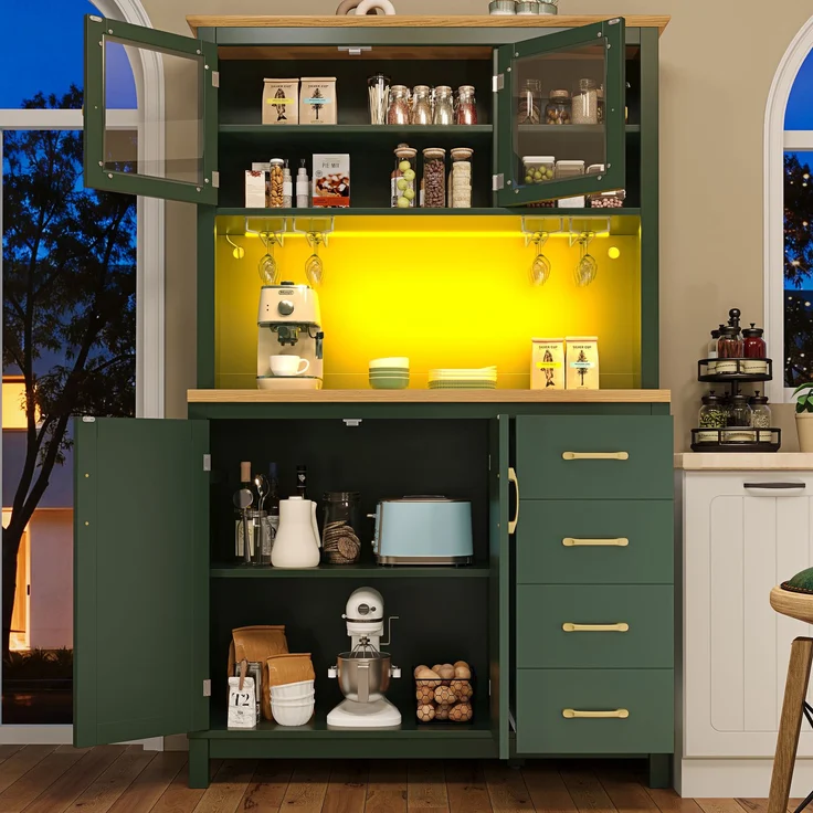 EINHOM Seitenboard / Aufbewahrungsschrank / Küchenschrank / Buffetschrank, 105.5 x 40 x 180 cm, Landhausstil, 4 Türen, mit LED-Lichtleiste & Getränkehaltern, Grün/Schwarz/Weiß, Grün – Bild 3