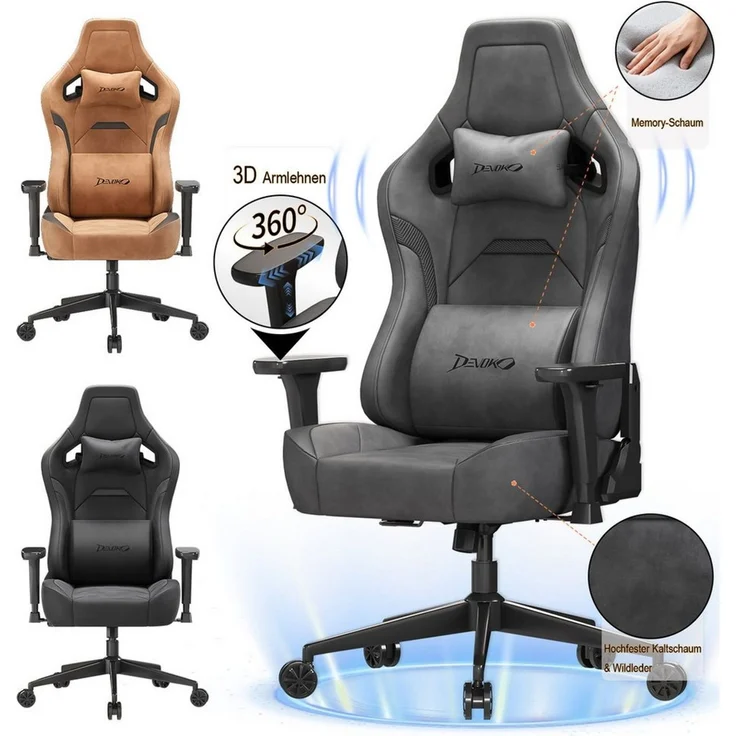 Devoko Gaming-Stuhl Luxuriöser Wildlederimitat,Ergonomisch & Großzügigem Sitz,Bürostuhl, Verstellbare Rückenlehne 90°–135°,3D-verstellbare Armlehnen – Bild 5