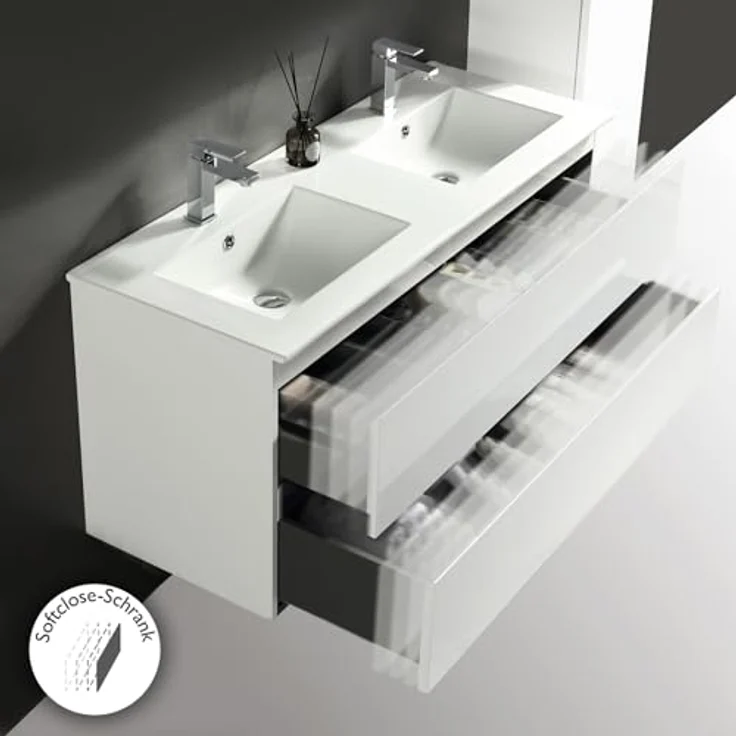 Alpenberger Badezimmer-Set Badezimmer Möbel Badschrank, (Badezimmer Spiegel mit Led, Keramik Waschbecken mit Überlauf), Doppelwaschtisch 120 cm Breit - Weiß Glänzend – Bild 8
