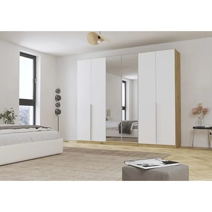 Rauch Möbel Alabama, Kleiderschrank für Schlafzimmer, Kinderzimmer, Wohnzimmer, Garderobe, Flur, 6-türig, Spiegel, mit Zubehör Premium, Farbe Weiß/Eiche Artisan, Holz, Breite 271 cm – Bild 2