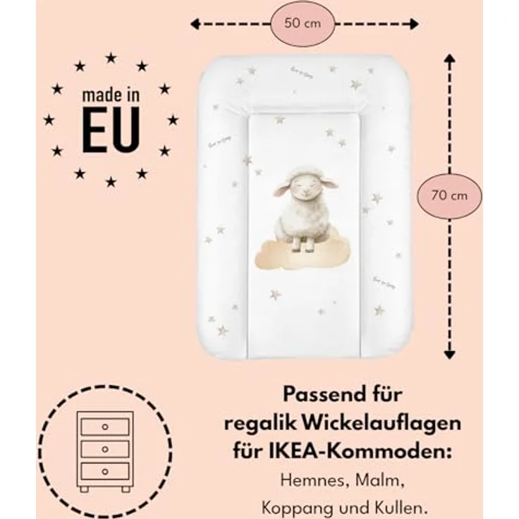 Wickelauflage 50x70 cm, Weiß mit Schäfchen – abwaschbar & wasserdicht, weich für Neugeborene – Wickeltischauflage für Wickelkommode – Baby Wickelunterlage, schnell abwischbar – Bild 5