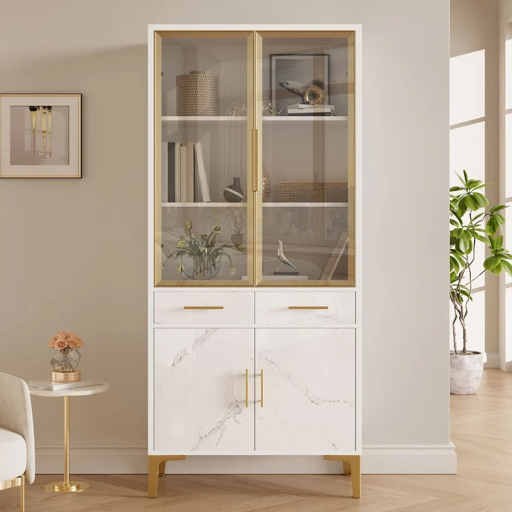 ZUBALIYA Vitrine, mit Schubladen, mit Stauraum, mit LED-Beleuchtung, mit App-Steuerung, H 170 × T 38 × B 75 cm, Weiß, MDF / Spanplatte – Bild 5