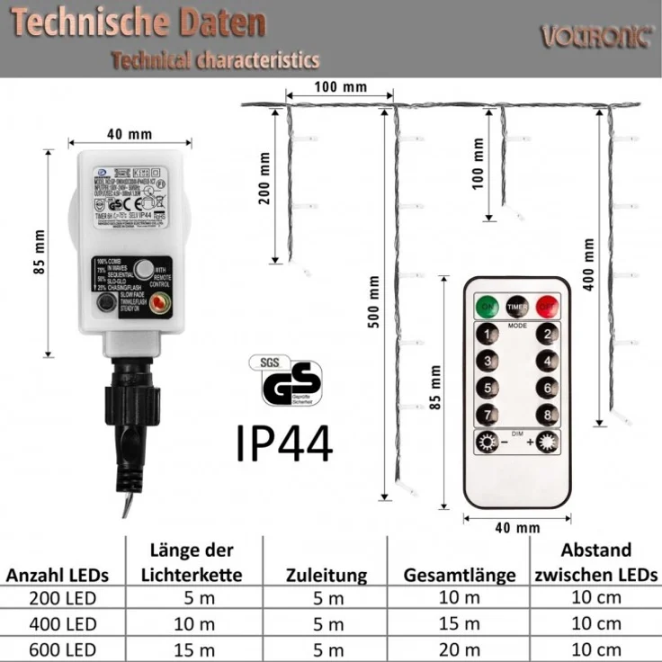 VOLTRONIC® Eisregen Lichterkette, innen und außen, IP44, Größen- und Farbwahl, 400 LEDs, warmweiß, Fernbedienung – Bild 3