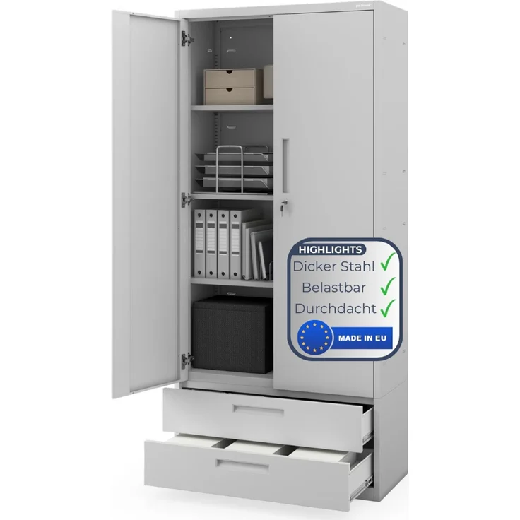 Metallschrank mit Doppel-Schublade RUEL - 195x90x40cm Grau | Büroschrank Aktenschrank Stahlschrank Fachbodenschrank Werkstattschrank – Bild 1