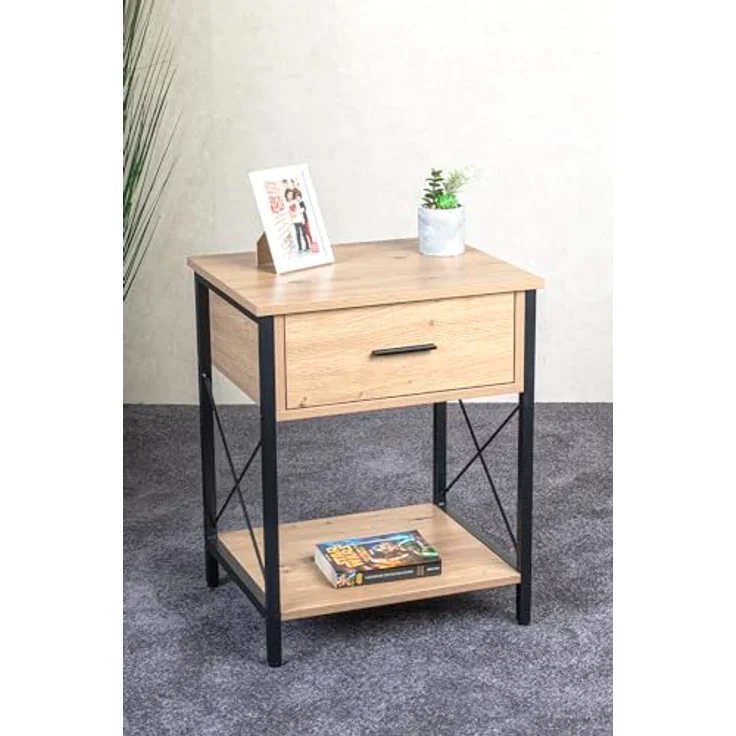 XXXL Beistelltisch, Schwarz und Eiche, Metall, mit 1 Schublade, offenes Fach, 40x60x45 cm, eckig – Bild 2