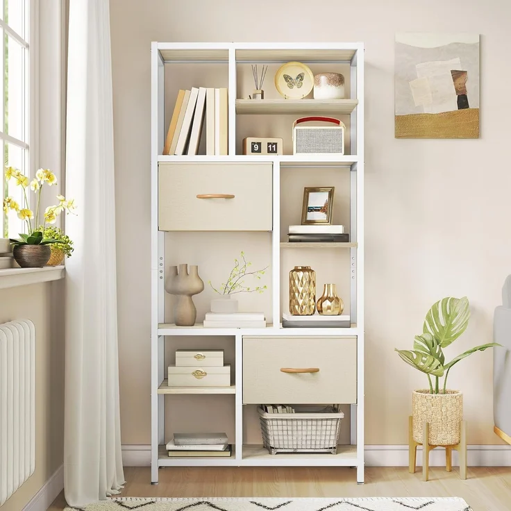 YITAHOME Bücherregal mit Schubladen, 7-stöckiges Standregal mit Stahlrahmen, Bodenstehendes Lagerregal, Industrieregal Aufbewahrungsregal, für Wohnzimmer, Büro, Flur, Küche, Eichenfarbe Regal – Bild 1