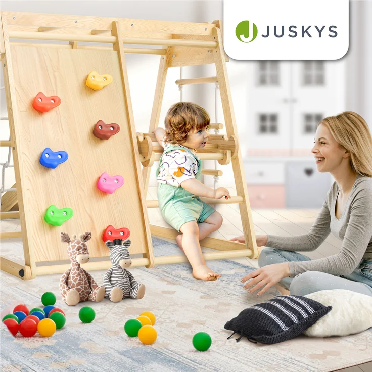 Juskys Mini Klettergerüst mit Rutsche, Kletterwand, Kletternetz & Turnringe, klappbar, Holzwerkstoff natur, 105 x 100 x 100 cm – Bild 7