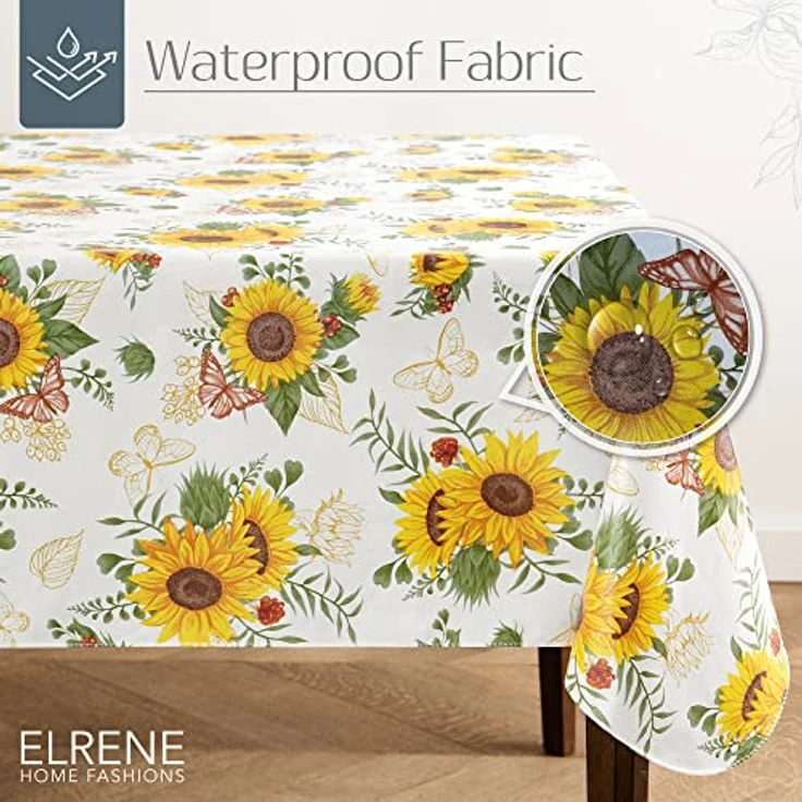 Elrene Home Fashions Sunflower Season Vinyl-Tischdecke mit Blumenmuster, Wasser- und schmutzabweisend, für drinnen und draußen, mit Flanell-Rückseite, 152,4x259,1 cm, rechteckig – Bild 3