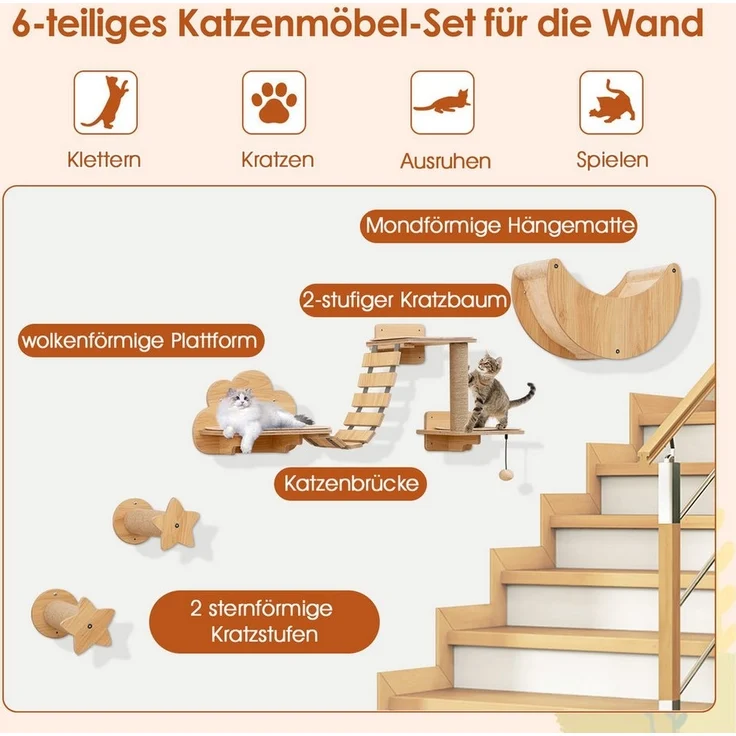 KOMFOTTEU Kratzbaum Kletterwand, mit Hängematte, 2 Kratzstangen, 2 Plattformen, Brücke – Bild 1