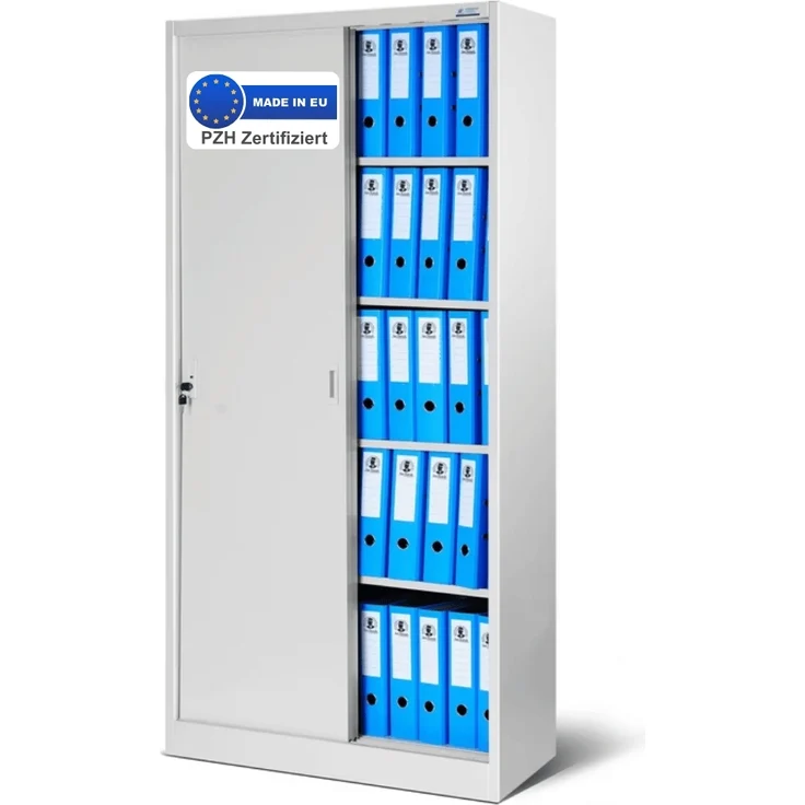 Aktenschrank abschließbar ROLF - Schiebetüren, 5 Ebenen | Büroschrank aus Stahl Metallschrank Werkstatt Mehrzweckschrank Werkzeugschrank, 185x90x40cm Grau – Bild 1