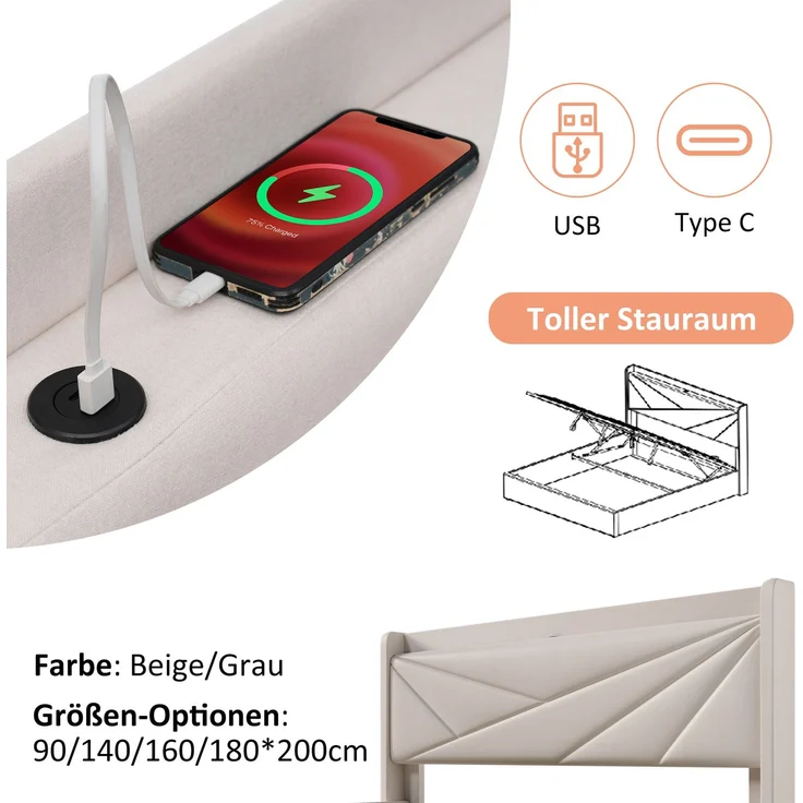 TavilaEcon Boxspringbett mit Bettkasten und USB Typ C beige Liegefläche 140 × 200 cm – Modell 981011AAB – Bild 3