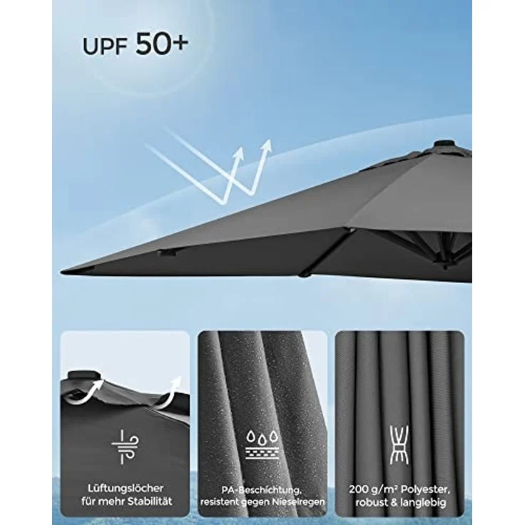 Songmics Sonnenschirm mit Ständer, 360° drehbar, UPF 50+, Rauchgrau, 253 x 290 x 290 cm – Bild 5