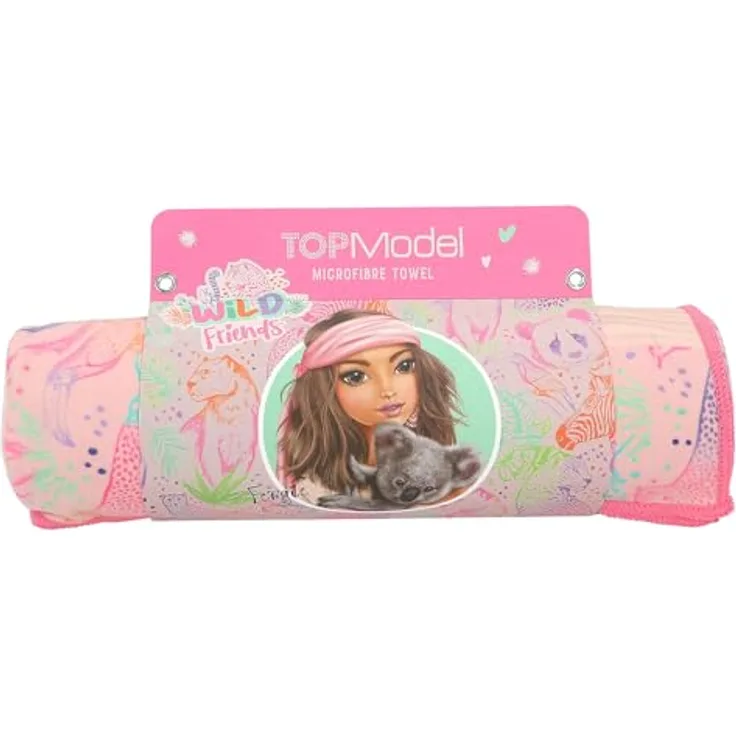 Depesche TOPModel Wild Mikrofaser Handtuch, rosa mit buntem Tier Muster und Gummiband zum Einrollen, 24,5 x 11 x 6,5 cm