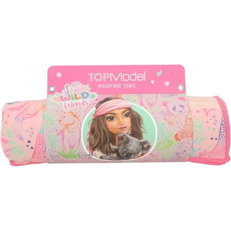 Depesche TOPModel Wild Mikrofaser Handtuch, rosa mit buntem Tier Muster und Gummiband zum Einrollen, 24,5 x 11 x 6,5 cm – Bild 1