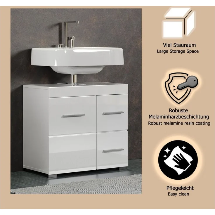 trendteam smart living - Amanda - Waschbeckenunterschrank - Weiß/Weiß Hochglanz - Waschtisch mit 1 Tür, 1 Einlegeboden, 2 Schubkästen Vollauszug – (BxHxT) 60 x 56 x 34 cm - Unterschrank mit Schubladen – Bild 3