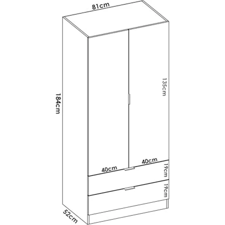 Dmora - Garderobe Burbank, Schlafzimmerschrank mit 2 Türen und 2 Schubladen, Schlafzimmermöbel mit Kleiderstange, cm 81x52h180, Weiß – Bild 2