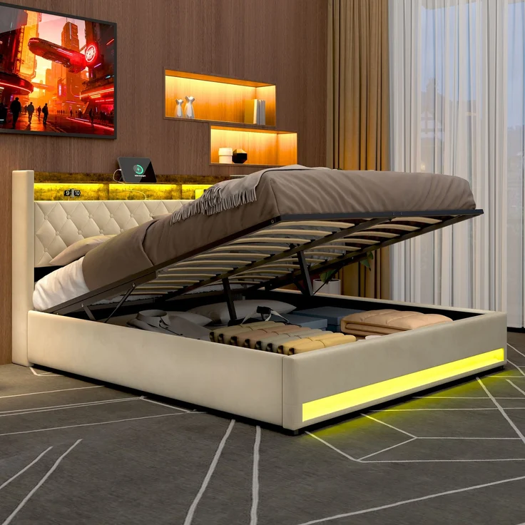 Polsterbett aus Samt mit hochelastischer Polsterung & Lattenrost, ohne Matratze, 180x200 cm, Beige – Bild 2