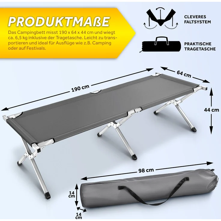 TRESKO XXL Campingbett Feldbett 190 x 64 x 44 cm Metallrohr - Belastbarkeit bis 150kg Grau – Bild 4
