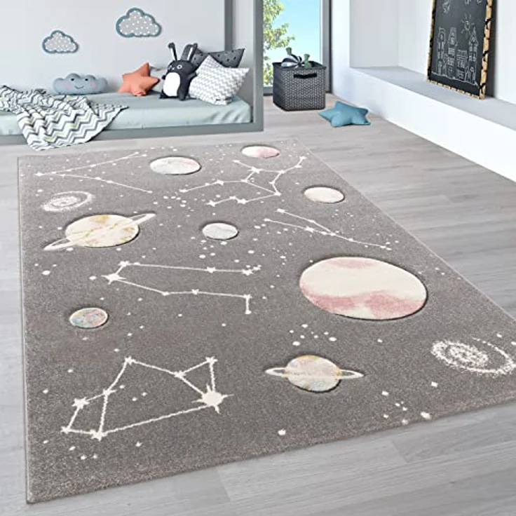 Paco Home Kinder-Teppich, Spiel-Teppich Für Kinderzimmer Mit Planeten Und Sternen, In Grau, Grösse:160x230 cm – Bild 2