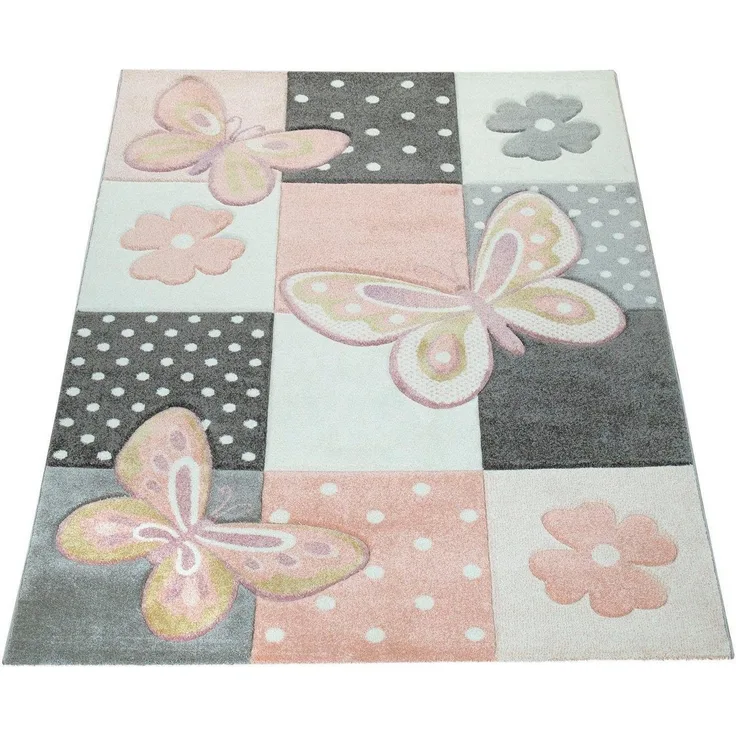 Paco Home Kinderteppich Cosmo 220, rechteckig, Höhe: 12 mm, 3D-Design, Patchwork Muster, niedliches Motiv Schmetterlinge & Punkte
