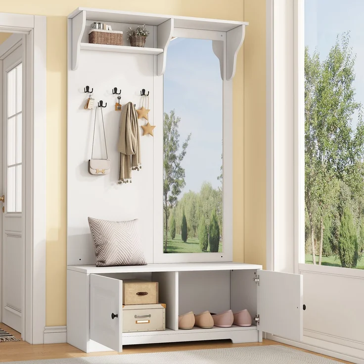 Flieks Garderobe 100 x 40 x 180 cm mit Spiegel, Schuhbank, 5 Haken, 2 Schränken und Regalfächern, Weiß – Bild 2