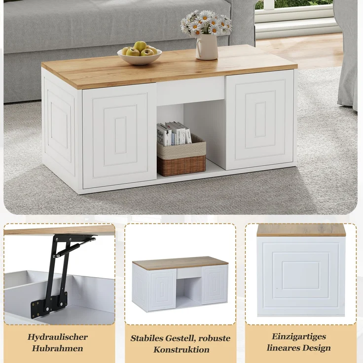 DESVIAE Couchtisch höhenverstellbar mit 2 Schranktüren 95x46x45 cm Spanplatte Weiß/Naturholz – Bild 6