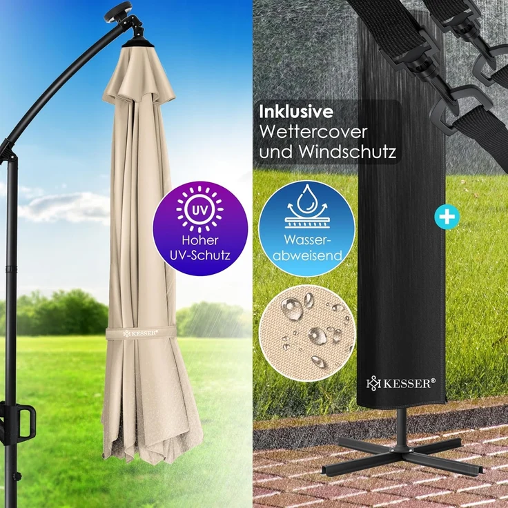 KESSER® Ampelschirm Holly Sonnenschirm Rechteckig mit und ohne LED Solar inkl. Abdeckung + Windsicherung mit Kurbel | Kurbel-Schirm mit Ständer UV-Schutz Aluminium Wasserabweisend Ø350cm Gartenschirm Beige, Mit LED – Bild 6