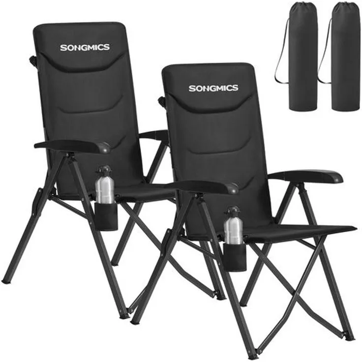 SONGMICS Campingstuhl faltbar, 2er Set, 95°-150° verstellbare Rückenlehne, Klappstuhl, drehbarer Getränkehalter, Tragetasche, Schultergurt, für Garten, Camping, Angeln, schwarz