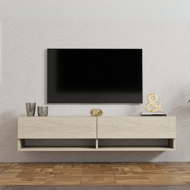 Calicosy Hängendes TV-Möbel mit 2 Klapptüren, Travertin-Dekor L141 cm - ARGES - Beige – Bild 2