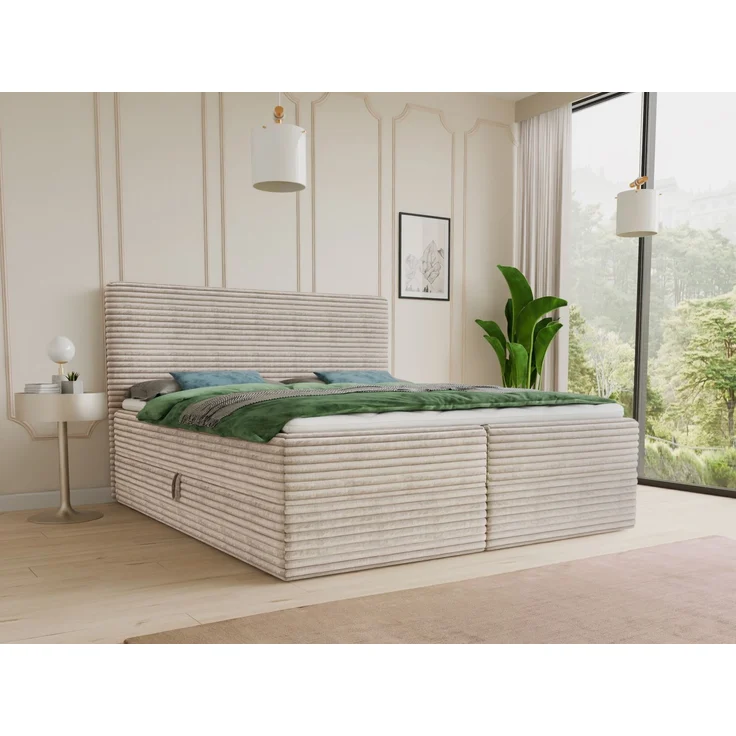 Boxspringbett Mollo mit 2 Bettkästen, Doppelbett mit Bonell-Matratze und Topper, Polsterbett in weichem Cordstoff, Bett, Bettgestell für Schlafzimmer (Beige (Tilia 03), 140 x 200 cm) – Bild 1