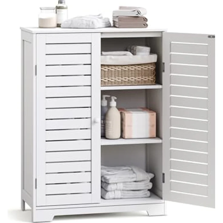 Mondeer Badkommode Badezimmerschrank, mit 2 Lamellentüren und 2 Einlegeböden,60 x 30 x 80 cm, Weiß – Bild 5