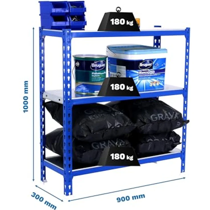 Simon Rack Simonclick Metallregal, 1000 x 900 x 300 mm, 3 Regalböden, 180 kg Biegepunkt, Regale, Blau/Galve – Bild 3