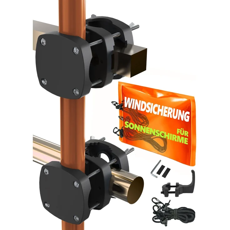 Menz 2 x Schirmhalterung Balkongeländer SunnyBoy 3.0 + Windsicherung für Schirme - Sonnenschirmhalter Balkongeländer als Sonnenschirmständer Balkon - Sonnenschirm Halterung Balkon, Schwarz