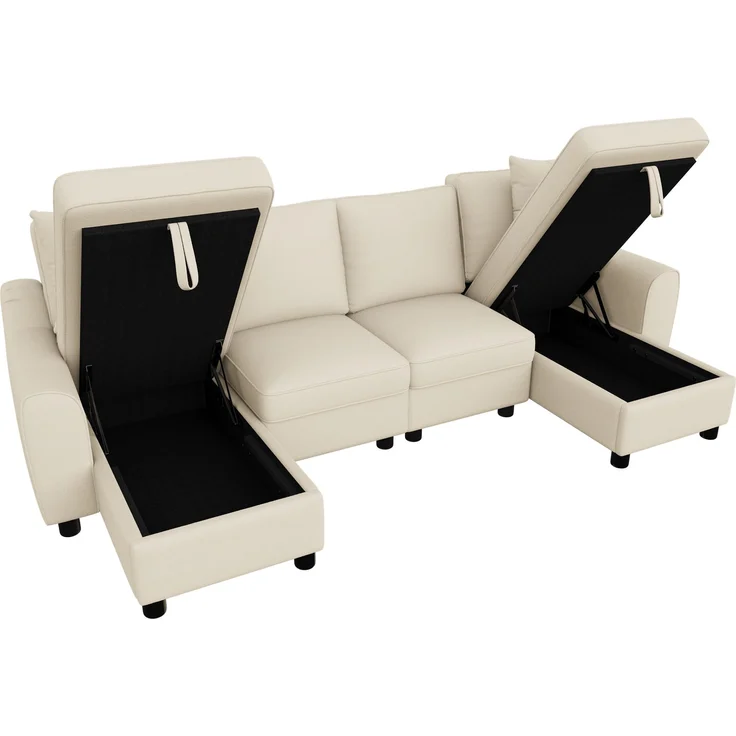 Chenille-U-Sofa mit 2 Stauraum-Chaiselongues und 2 Kissen, gepolsterte Wohnlandschaft 280 cm mit Taschenfederkern, Beige – Bild 17