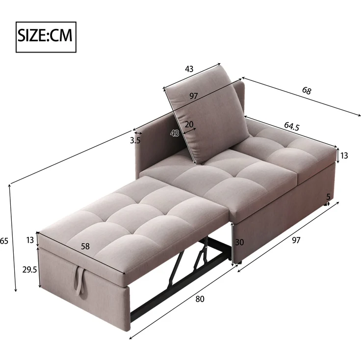 Multifunktions Schlafsofa 3-in-1, 177x68x65 cm, Grau Leinen, verstellbare Rückenlehne – Bild 10