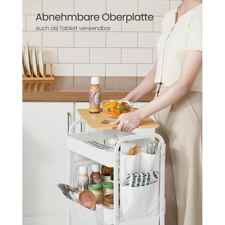 Songmics Rollwagen, Küchenwagen, 3 Metallgitterablagen, Servierwagen, 2 abnehmbare Hängebehälter, 2 Organizer, für Büro, Küche Wohnzimmer, Badezimmer, – Bild 3
