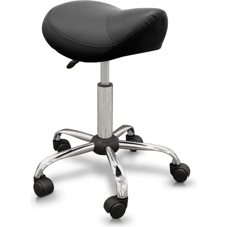 QUIRUMED Pony-Hocker, ergonomisch, mit Stahlgestell, Schwarze Farbe, Kunstlederpolsterung, höhenverstellbar, gepolsterter Sitz, drehbare Räder, bis 150 kg