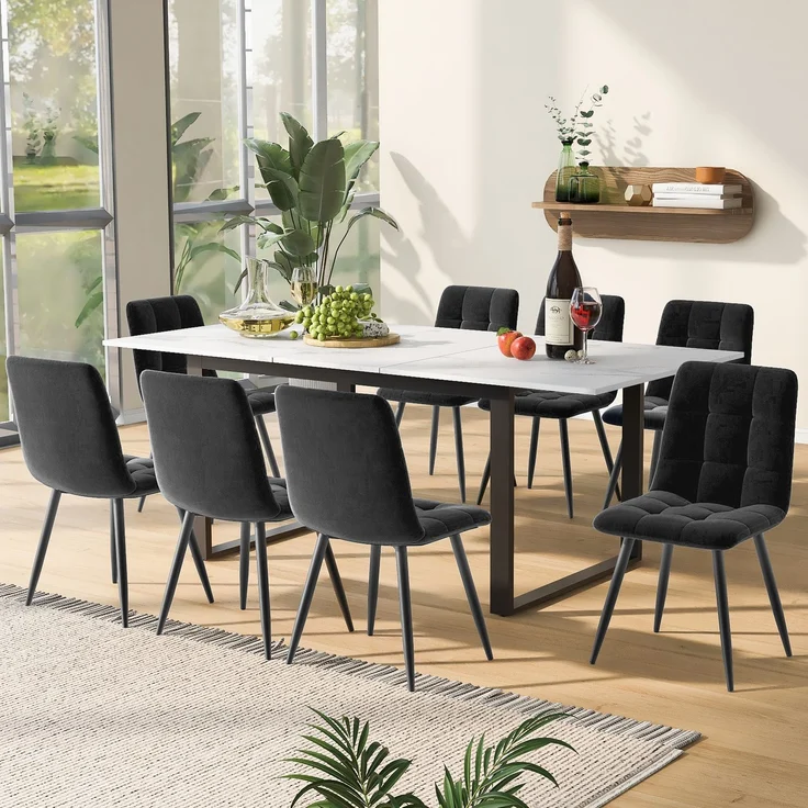 Esstischgruppe 140/180 x 80 x 75 cm, ausziehbar, MDF in Weiß mit Metallbeinen, mit 8 Stühlen – Bild 1