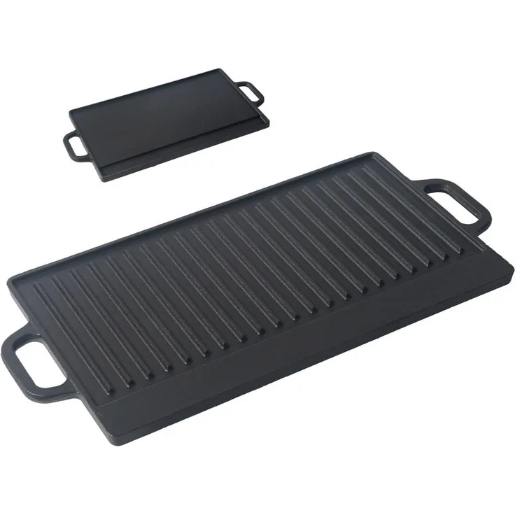 Grillplatte aus Gusseisen 1-2 Stück 50x23,5cm Wendeplatte emailliert Grillpfanne Burgerplatte BBQ Plancha für Gasgrill Holzkohlegrill Herd Backofen Lagerfeuer geriffelt glatt schwarz