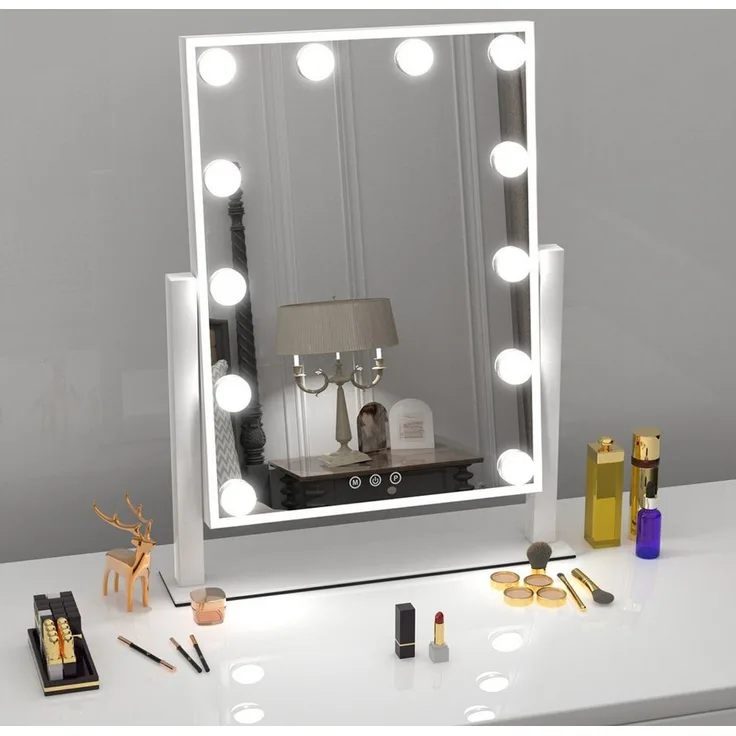 LETGOSPT Schminkspiegel Hollywood Make-up-Spiegel mit Lichtern, 3 Farblicht Dimmbar Touch (Kosmetikspiegel mit 12 dimmbaren LED-Leuchtmitteln, 30x41 cm), Smart-Touch-Control-Bildschirm, 360-Grad-Drehung und Stabile Standfuß