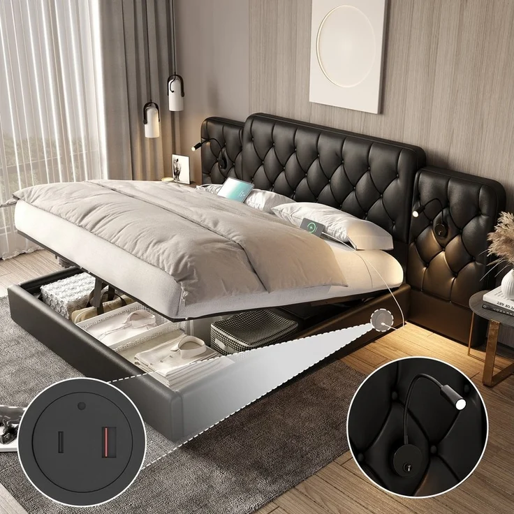 LVHOM Boxspringbett 160x200cm/180x200cm Bettgestell, Samt/PU, diamantgeprägtem Knopf-Design (Kunstlederbett, gepolsterter stabiler Metallrahmenkonstruktion mit flexiblen Nachttischlampe, USB-Ladeanschlüssen, Bettkasten, hydraulischem Stauraum-System, f... – Bild 5