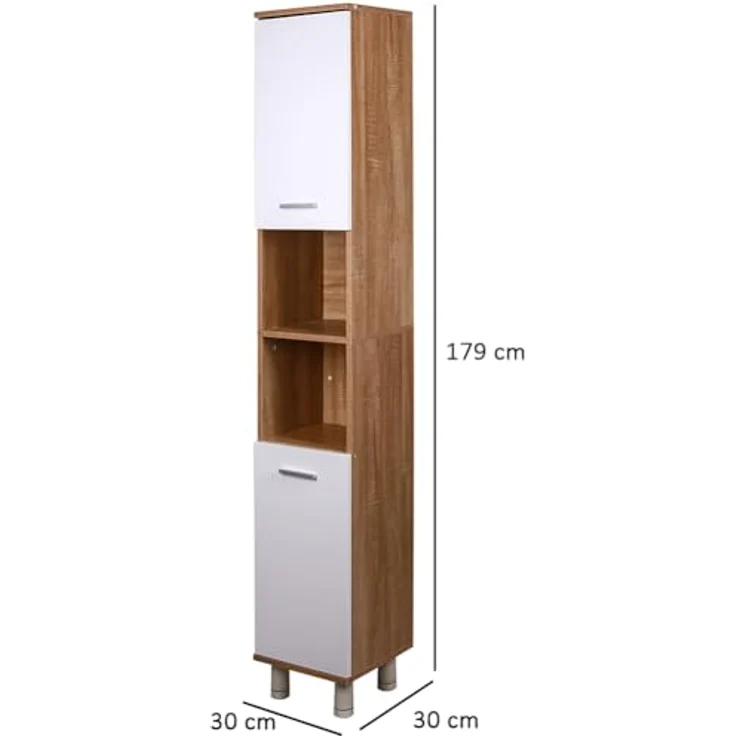 Shally Dogan Hocher, platzsparender Schrank mit 2 Türen, schmaler freistehender Schrank mit 4 Füßen, Mehrzweck-Aufbewahrungsregal, Wohnzimmer, Badezimmer, Küche, Bücherregal, Büro (Weiß + Eiche) – Bild 3