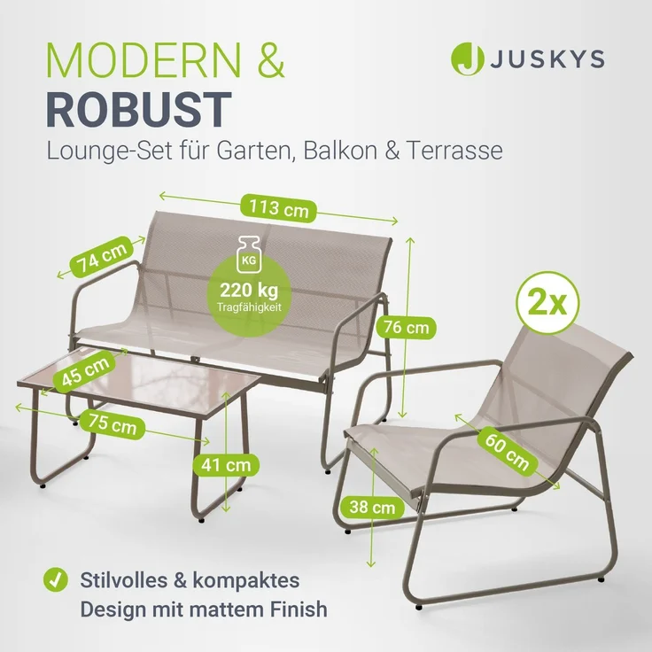 Juskys Gartenmöbelset Genua 4-tlg. – Sand, Outdoor Sitzgruppe, Tisch & Bank, wetterfestes Textil, LongLife Stahlgestell – Bild 4