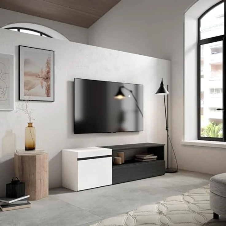 Skraut Home | TV-Schrank, Lowboard | für Wohnzimmer und Esszimmer | 150x45x35cm | Für TV-Geräte bis zu 65" | Fernsehtisch | Moderner Stil | Weiß und Schwarz – Bild 2
