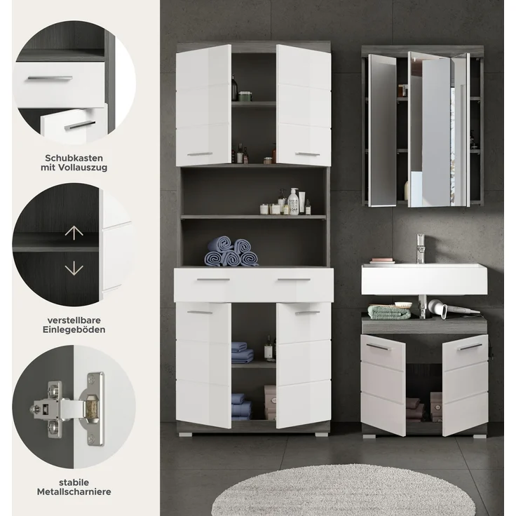 Badezimmer-Set >Scout< in Rauchsilber / Weiß Hochglanz - 149x191x34cm (BxHxT) – Bild 7